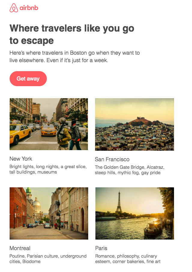 Campaña de email marketing de Airbnb que muestra a sus suscriptores lugares increíbles.