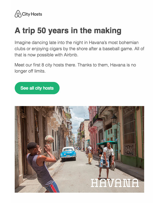 Las campañas de email marketing de Airbnb le muestran al usuario destinos basados en su historial y preferencias.